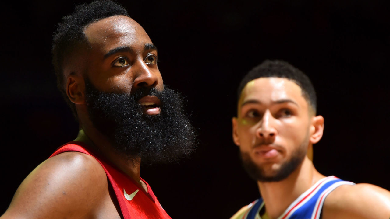 PHILADELPHIA, PA - JANUARY 21: James Harden #13 of the Houston Rockets looks on during the game against the Philadelphia 76ers on January 21, 2019 at the Wells Fargo Center in Philadelphia, Pennsylvania NOTE TO USER: User expressly acknowledges and agrees that, by downloading and/or using this Photograph, user is consenting to the terms and conditions of the Getty Images License Agreement. Mandatory Copyright Notice: Copyright 2019 NBAE