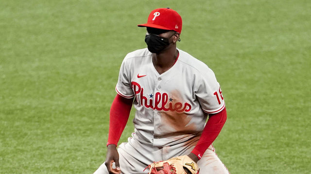 ST PETERSBURG, FLORIDA - SEPTEMBER 27: Didi Gregorius #18 of the Philadelphia Phillies awaits the play during the eighth inning against the Tampa Bay Rays at Tropicana Field on September 27, 2020 in St Petersburg, Florida.