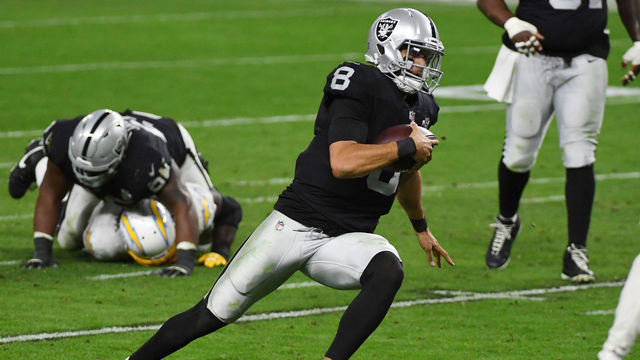 LAS VEGAS, NEVADA - DECEMBER 17: Quarterback Marcus Mariota #8 of the Las Vegas Raiders runs the ball during the second half against the Los Angeles Chargers at Allegiant Stadium on December 17, 2020 in Las Vegas, Nevada.