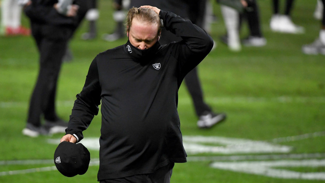 LAS VEGAS, NEVADA - NOVEMBER 22: Head coach Jon Gruden of the Las Vegas Raiders walks off the field after his team's 35-31 loss to the Kansas City Chiefs at Allegiant Stadium on November 22, 2020 in Las Vegas, Nevada.