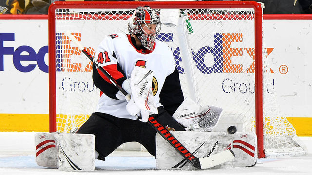 PITTSBURGH, PA - MARCH 03: Craig Anderson #41 of the Ottawa Senators defends the net against the Pittsburgh Penguins at PPG PAINTS Arena on March 3, 2020 in Pittsburgh, Pennsylvania.