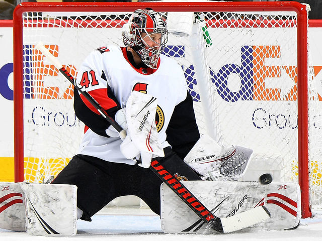 PITTSBURGH, PA - MARCH 03: Craig Anderson #41 of the Ottawa Senators defends the net against the Pittsburgh Penguins at PPG PAINTS Arena on March 3, 2020 in Pittsburgh, Pennsylvania.
