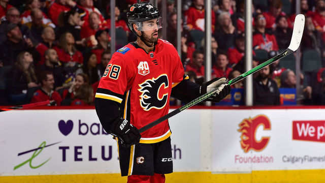 CALGARY, AB - FEBRUARY 15: Oliver Kylington #58 of the Calgary Flames skates against the Chicago Blackhawks at Scotiabank Saddledome on February 15, 2020 in Calgary, Alberta, Canada.