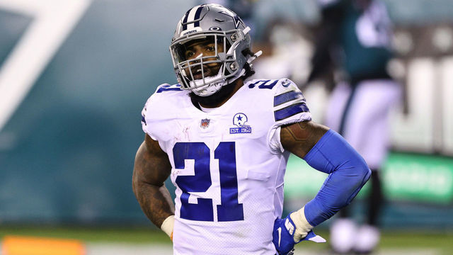 PHILADELPHIA, PENNSYLVANIA - NOVEMBER 01: Running back Ezekiel Elliott #21 of the Dallas Cowboys looks on as Rodney McLeod #23 of the Philadelphia Eagles celebrates with Avonte Maddox #29 in the background after McLeod ran back a fumble for a touchdown in the fourth quarter of the game against the Dallas Cowboys at Lincoln Financial Field on November 01, 2020 in Philadelphia, Pennsylvania. The Eagles defeated the Cowboys 23-9.