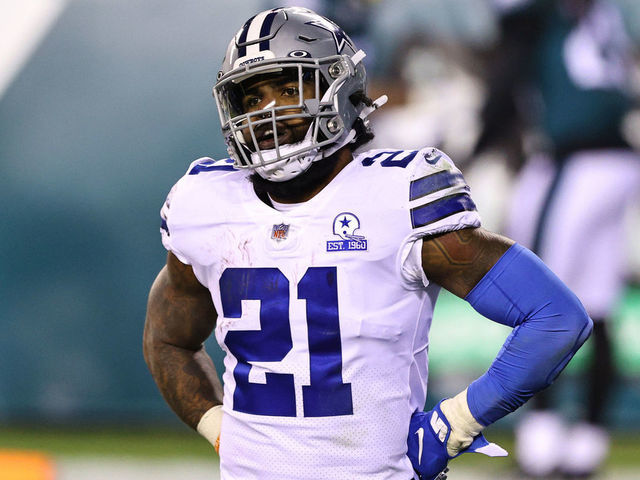 PHILADELPHIA, PENNSYLVANIA - NOVEMBER 01: Running back Ezekiel Elliott #21 of the Dallas Cowboys looks on as Rodney McLeod #23 of the Philadelphia Eagles celebrates with Avonte Maddox #29 in the background after McLeod ran back a fumble for a touchdown in the fourth quarter of the game against the Dallas Cowboys at Lincoln Financial Field on November 01, 2020 in Philadelphia, Pennsylvania. The Eagles defeated the Cowboys 23-9.