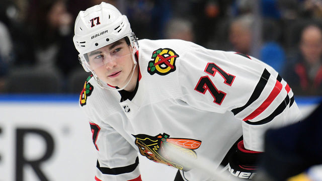 ST. LOUIS, MO - FEBRUARY 25: Chicago Blackhawks center Kirby Dach (77) during an NHL game between the Chicago Blackhawks and the St. Louis Blues, on February 25, 2020, at Enterprise Center, St. Louis, MO. Photo by Keith Gillett/Icon Sportswire via Getty Images)