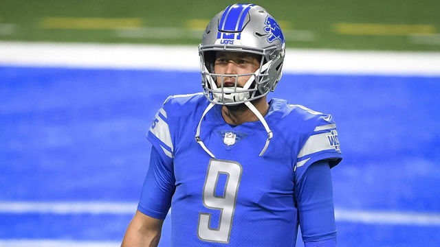 DETROIT, MICHIGAN - DECEMBER 13: Matthew Stafford #9 of the Detroit Lions looks on before the first half against the Green Bay Packers at Ford Field on December 13, 2020 in Detroit, Michigan.