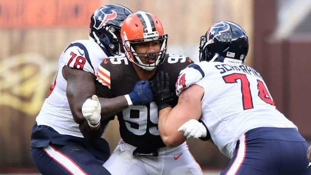 CLEVELAND, OH - NOVEMBER 15: Myles Garrett #95 of the Cleveland Browns battles through a double team block against the Houston Texans at FirstEnergy Stadium on November 15, 2020 in Cleveland, Ohio.