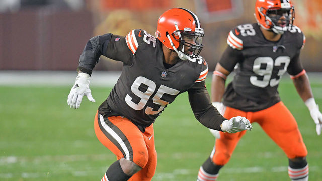 CLEVELAND, OHIO - DECEMBER 14: Defensive end Myles Garrett #95 of the Cleveland Browns runs a play during the fourth quarter against the Baltimore Ravens at FirstEnergy Stadium on December 14, 2020 in Cleveland, Ohio.