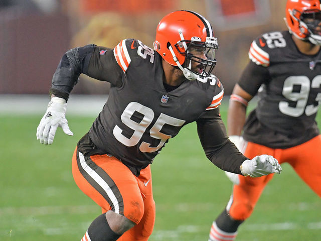 CLEVELAND, OHIO - DECEMBER 14: Defensive end Myles Garrett #95 of the Cleveland Browns runs a play during the fourth quarter against the Baltimore Ravens at FirstEnergy Stadium on December 14, 2020 in Cleveland, Ohio.