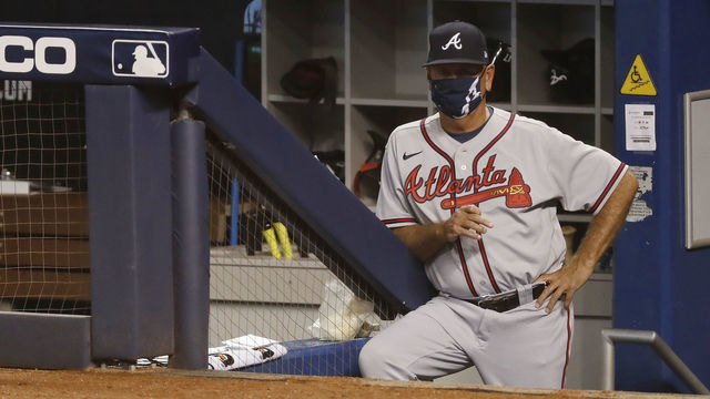 MIAMI, FLORIDA - AUGUST 14: Manager Brian Snitker of the Atlanta Braves looks on during the game against the Miami Marlins at Marlins Park on August 14, 2020 in Miami, Florida.