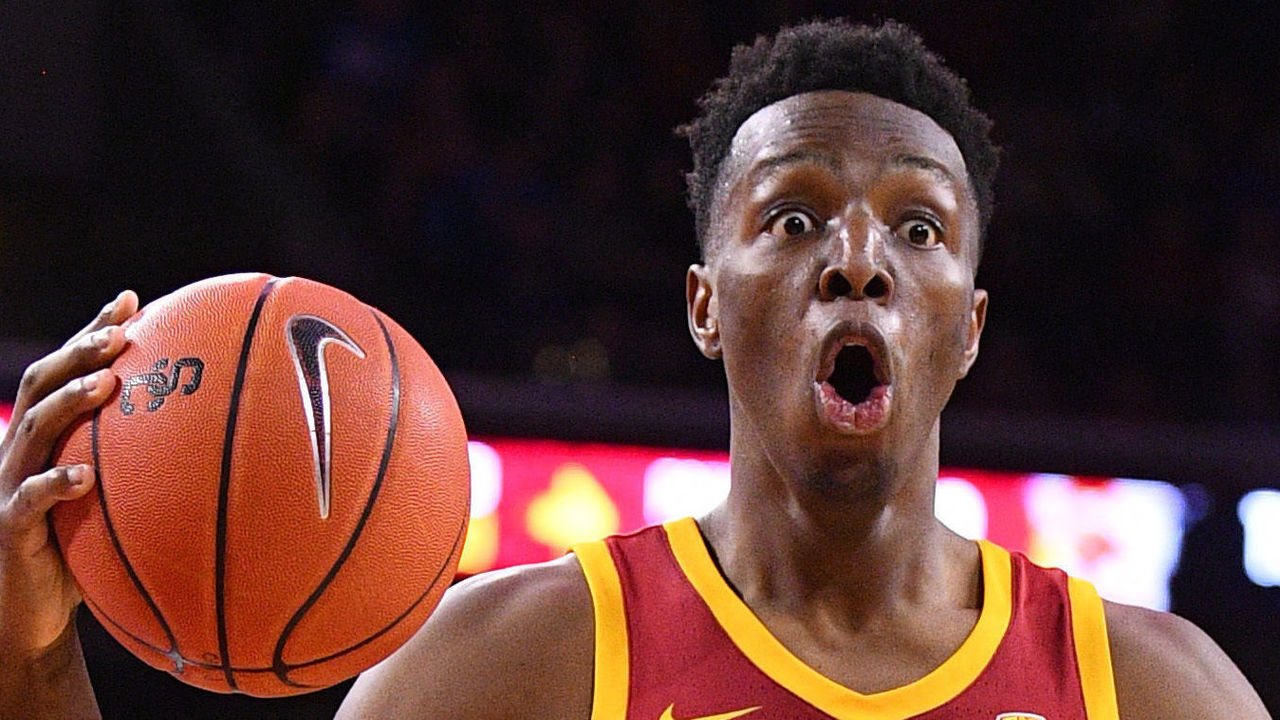 LOS ANGELES, CA - MARCH 07: USC Trojans forward Onyeka Okongwu (21) reacts to a foul call during the college basketball game between the UCLA Bruins and the USC Trojans on March 7, 2020 at Galen Center in Los Angeles, CA.