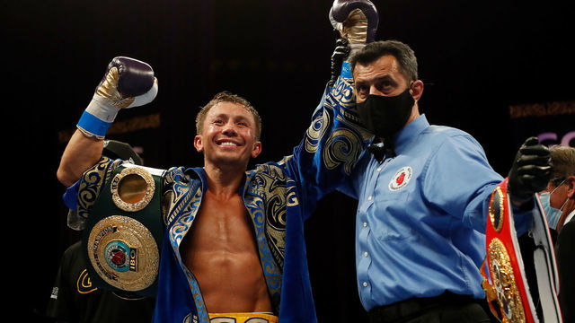 HOLLYWOOD, FLORIDA - DECEMBER 18: Gennadiy Golovkin celebrates defeating Kamil Szeremeta in their IBF Middleweight title bout at Seminole Hard Rock Hotel & Casino on December 18, 2020 in Hollywood, Florida.