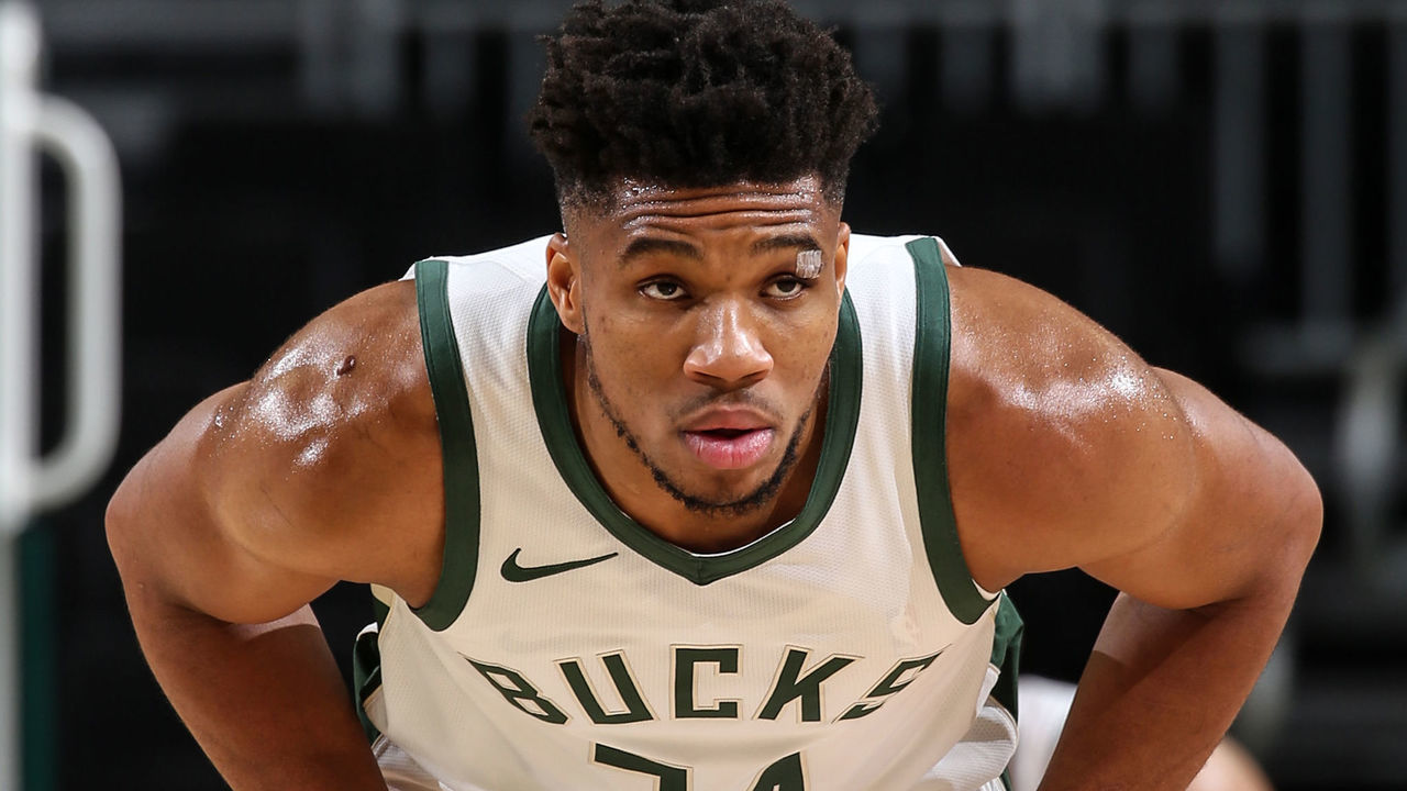 MILWAUKEE, WI - DECEMBER 14: Giannis Antetokounmpo #34 of the Milwaukee Bucks looks on during the game against the Dallas Mavericks during a preseason game on December 14, 2020 at the Fiserv Forum Center in Milwaukee, Wisconsin. Mandatory Copyright Notice: Copyright 2020 NBAE .