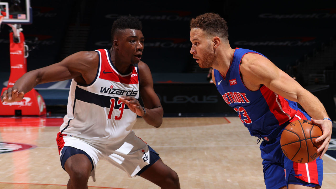 WASHINGTON, DC - DECEMBER 17: Blake Griffin #23 of the Detroit Pistons drives to the basket against Thomas Bryant #13 of the Washington Wizards on December 17 2020 at Capital One Arena in Washington, DC. Mandatory Copyright Notice: Copyright 2020 NBAE