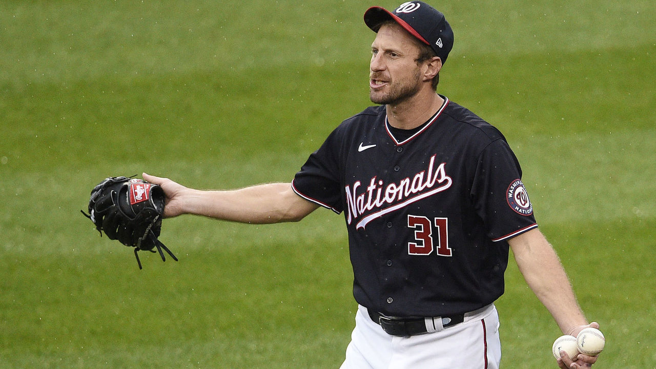 WASHINGTON, DC - SEPTEMBER 25: Max Scherzer #31 of the Washington Nationals reacts after hearing that the game against the New York Mets had been postponed due to inclement weather at Nationals Park on September 25, 2020 in Washington, DC.