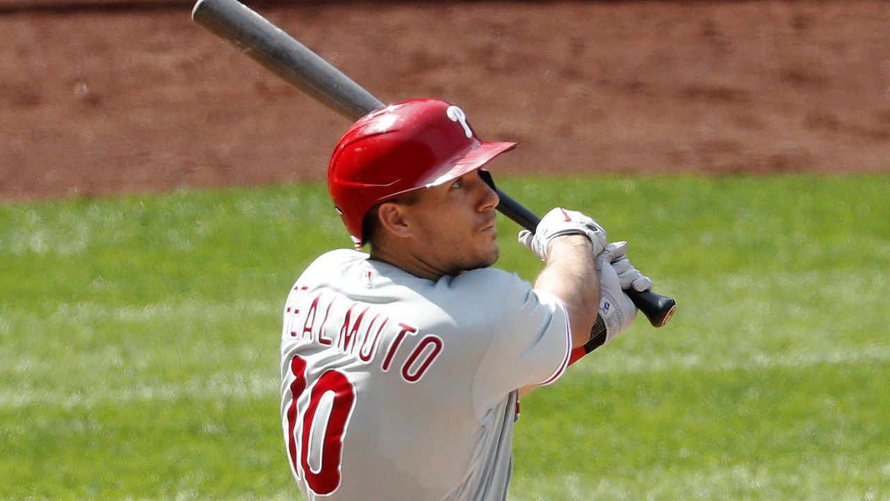 NEW YORK, NEW YORK - SEPTEMBER 07: J.T. Realmuto #10 of the Philadelphia Phillies follows through on his fifth inning home run against the New York Mets at Citi Field on September 07, 2020 in New York City.
