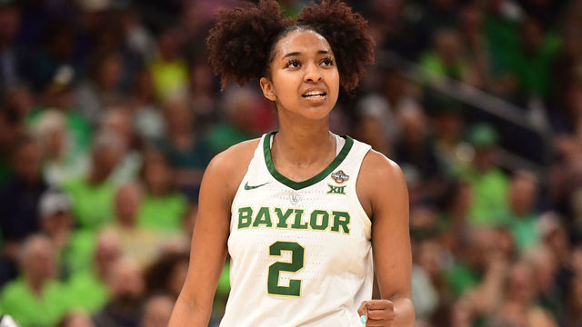 TAMPA, FL - APRIL 05: DiDi Richards #2 of the Baylor Bears celebrates their win over the Oregon Ducks at Amalie Arena on April 5, 2019 in Tampa, Florida.