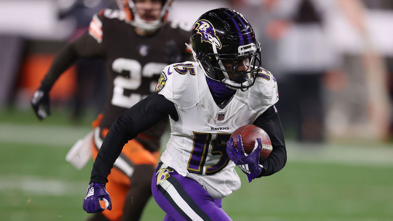 CLEVELAND, OHIO - DECEMBER 14: Marquise Brown #15 of the Baltimore Ravens runs after a catch against the Cleveland Browns at FirstEnergy Stadium on December 14, 2020 in Cleveland, Ohio.