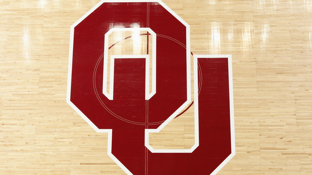 NORMAN, OK - FEBRUARY 9: General view of the Oklahoma Sooners logo at mid-court during the game against the Iowa State Cyclones at Lloyd Noble Center on February 9, 2015 in Norman, Oklahoma. Oklahoma defeated Iowa State 94-83.
