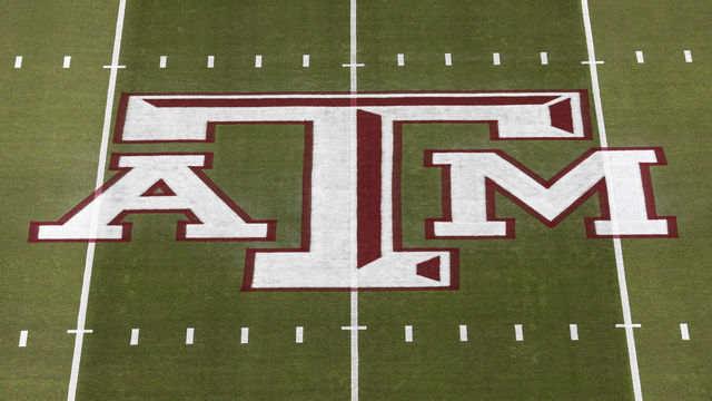 COLLEGE STATION, TEXAS - OCTOBER 31: The Texas A&M Aggies logo seen at midfield before the game against the Arkansas Razorbacks at Kyle Field on October 31, 2020 in College Station, Texas.