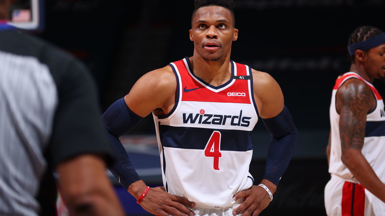 WASHINGTON, DC - DECEMBER 19: Russell Westbrook #4 of the Washington Wizards looks on during a preseason game against the Detroit Pistons on December 19, 2020 at Capital One Arena in Washington, DC. Mandatory Copyright Notice: Copyright 2020 NBAE