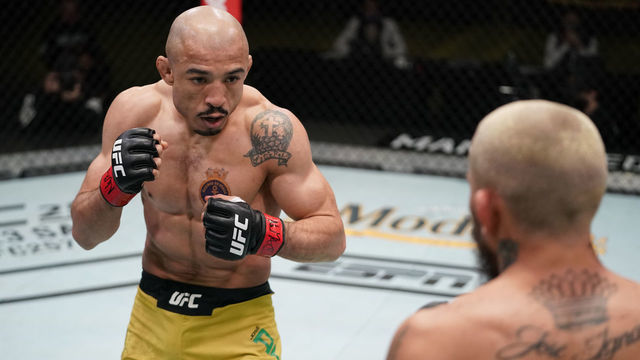 LAS VEGAS, NEVADA - DECEMBER 19: (L-R) Jose Aldo of Brazil battles Marlon Vera of Ecuador in a bantamweight fight during the UFC Fight Night event at UFC APEX on December 19, 2020 in Las Vegas, Nevada.
