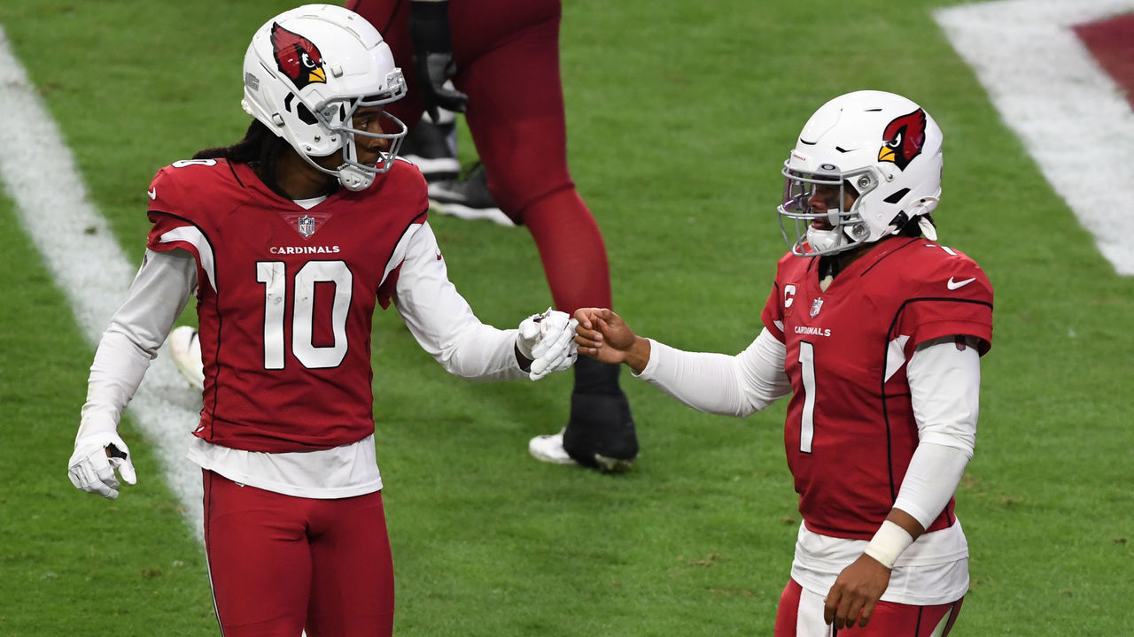GLENDALE, ARIZONA - SEPTEMBER 20: Kyler Murray #1 of the Arizona Cardinals celebrates with DeAndre Hopkins #10 after scoring his second touchdown of the game against the Washington Football Team during the fourth quarter at State Farm Stadium on September 20, 2020 in Glendale, Arizona. Cardinals won 30-15.