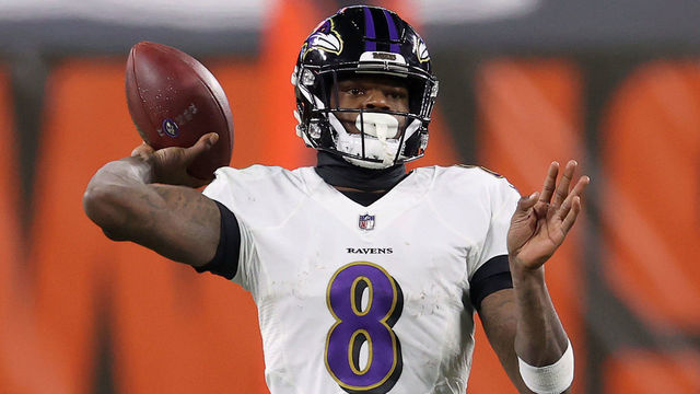 CLEVELAND, OHIO - DECEMBER 14: Lamar Jackson #8 of the Baltimore Ravens attempts a pass during the fourth quarter in the game against the Cleveland Browns at FirstEnergy Stadium on December 14, 2020 in Cleveland, Ohio.