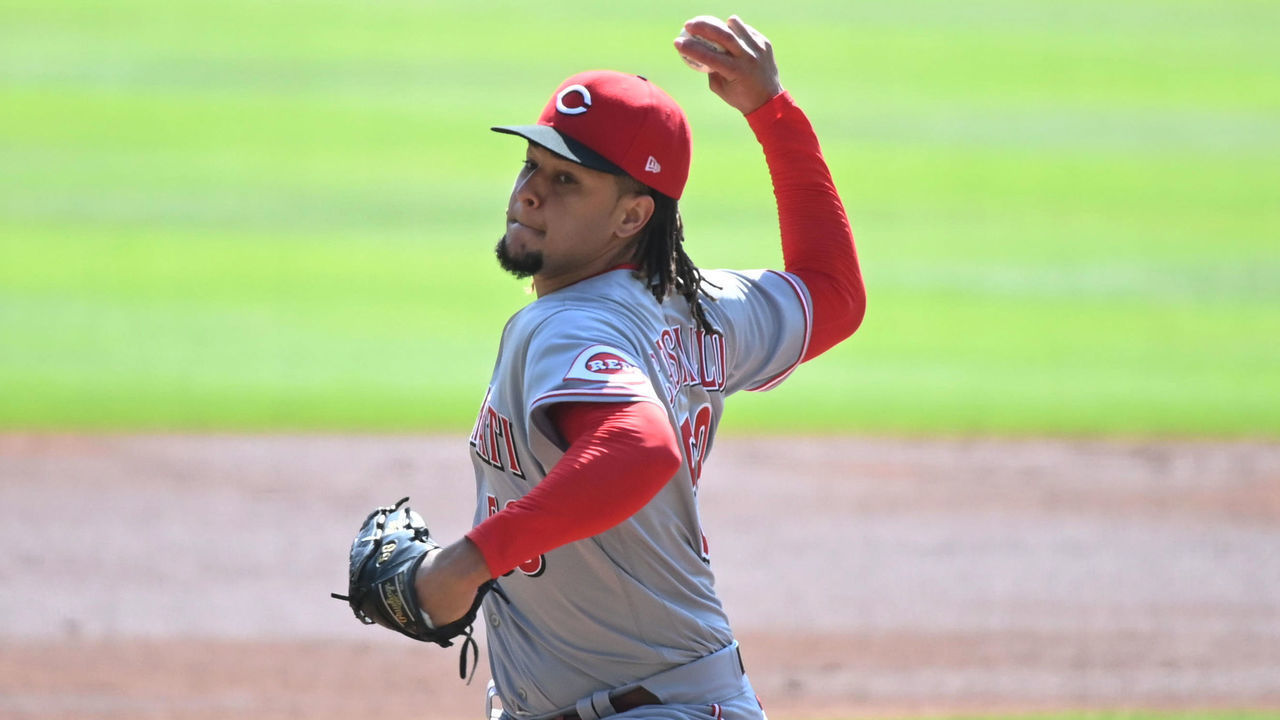 ATLANTA, GA - OCTOBER 01: Luis Castillo #58 of the Cincinnati Reds pitches during Game 2 of the Wild Card Series between the Cincinnati Reds and the Atlanta Braves at Truist Park on Thursday, October 1, 2020 in Atlanta, Georgia.