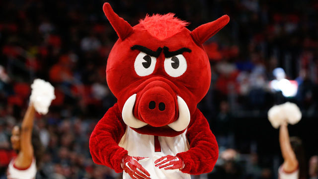 DETROIT, MI - MARCH 16: The Arkansas mascot entertains during a timeout during the NCAA Division I Men's Championship First Round basketball game between the Arkansas Razorbacks and the Butler Bulldogs on March 16, 2018 at Little Caesars Arena in Detroit, Michigan.