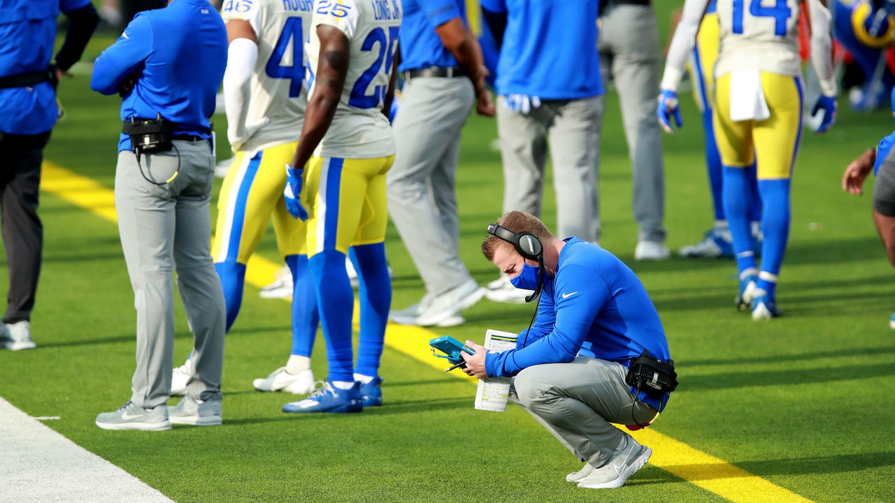 INGLEWOOD, CALIFORNIA - DECEMBER 20: Head coach Sean McVay of the Los Angeles Rams watches a replay during the second quarter of a game against the New York Jets at SoFi Stadium on December 20, 2020 in Inglewood, California.