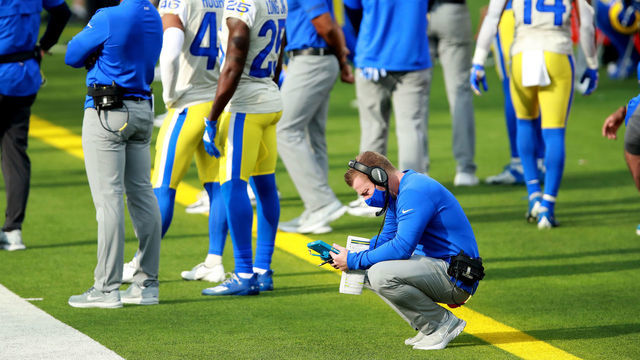 INGLEWOOD, CALIFORNIA - DECEMBER 20: Head coach Sean McVay of the Los Angeles Rams watches a replay during the second quarter of a game against the New York Jets at SoFi Stadium on December 20, 2020 in Inglewood, California.