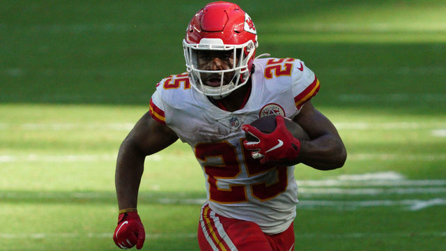 MIAMI GARDENS, FLORIDA - DECEMBER 13: Clyde Edwards-Helaire #25 of the Kansas City Chiefs runs with the ball against the Miami Dolphins at Hard Rock Stadium on December 13, 2020 in Miami Gardens, Florida.