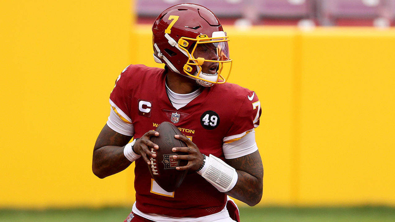 LANDOVER, MARYLAND - DECEMBER 20: Quarterback Dwayne Haskins #7 of the Washington Football Team looks to pass against the Seattle Seahawks in the first half at FedExField on December 20, 2020 in Landover, Maryland.