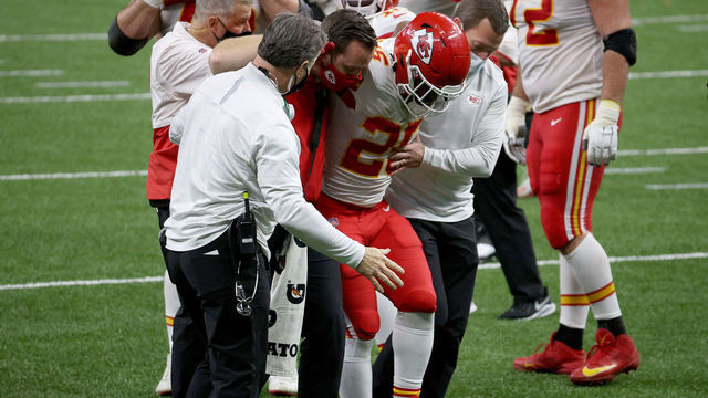 NEW ORLEANS, LOUISIANA - DECEMBER 20: Clyde Edwards-Helaire #25 of the Kansas City Chiefs is carried off the field by medical staff against the New Orleans Saints during the fourth quarter in the game at Mercedes-Benz Superdome on December 20, 2020 in New Orleans, Louisiana.