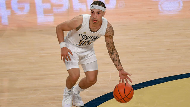 ATLANTA, GA NOVEMBER 27: Georgia Tech guard Jose Alvarado (10) moves with the ball during the NCAA basketball game between the Mercer Bears and the Georgia Tech Yellow Jackets on November 27th, 2020 at Hank McCamish Pavilion in Atlanta, GA.