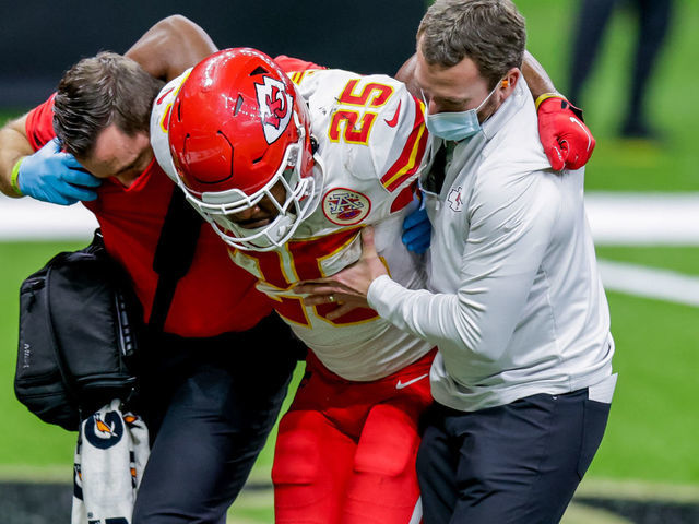 NEW ORLEANS, LA - DECEMBER 20: Kansas City Chiefs running back Clyde Edwards-Helaire (25) is tacked into the locker room to check out his injury against New Orleans Saints on December 20, 2020 at the Mercedes-Benz Superdome in New Orleans, LA.