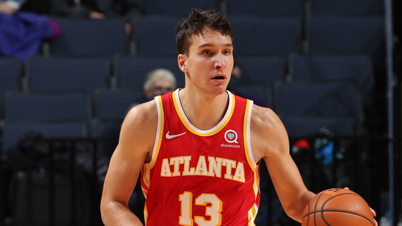 MEMPHIS, TN - DECEMBER 19: Bogdan Bogdanovic #13 of the Atlanta Hawks handles the ball during a preseason game against the Memphis Grizzlies on December 19, 2020 at FedExForum in Memphis, Tennessee. Mandatory Copyright Notice: Copyright 2020 NBAE