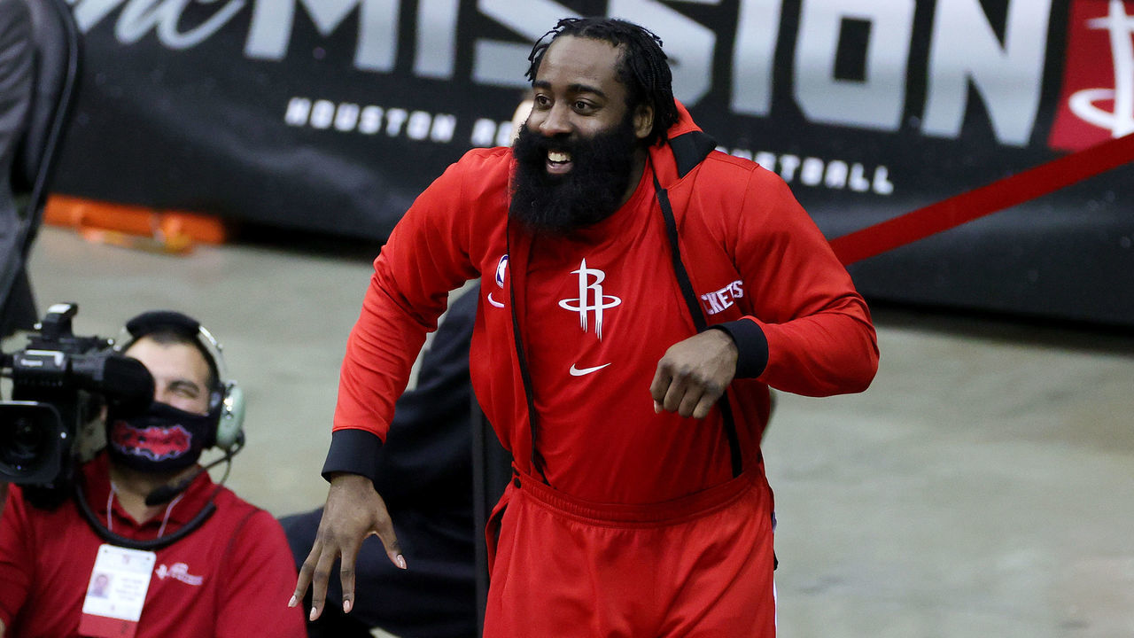 HOUSTON, TEXAS - DECEMBER 17: James Harden #13 of the Houston Rockets reacts during the fourth quarter of a game against the San Antonio Spurs at the Toyota Center on December 17, 2020 in Houston, Texas.