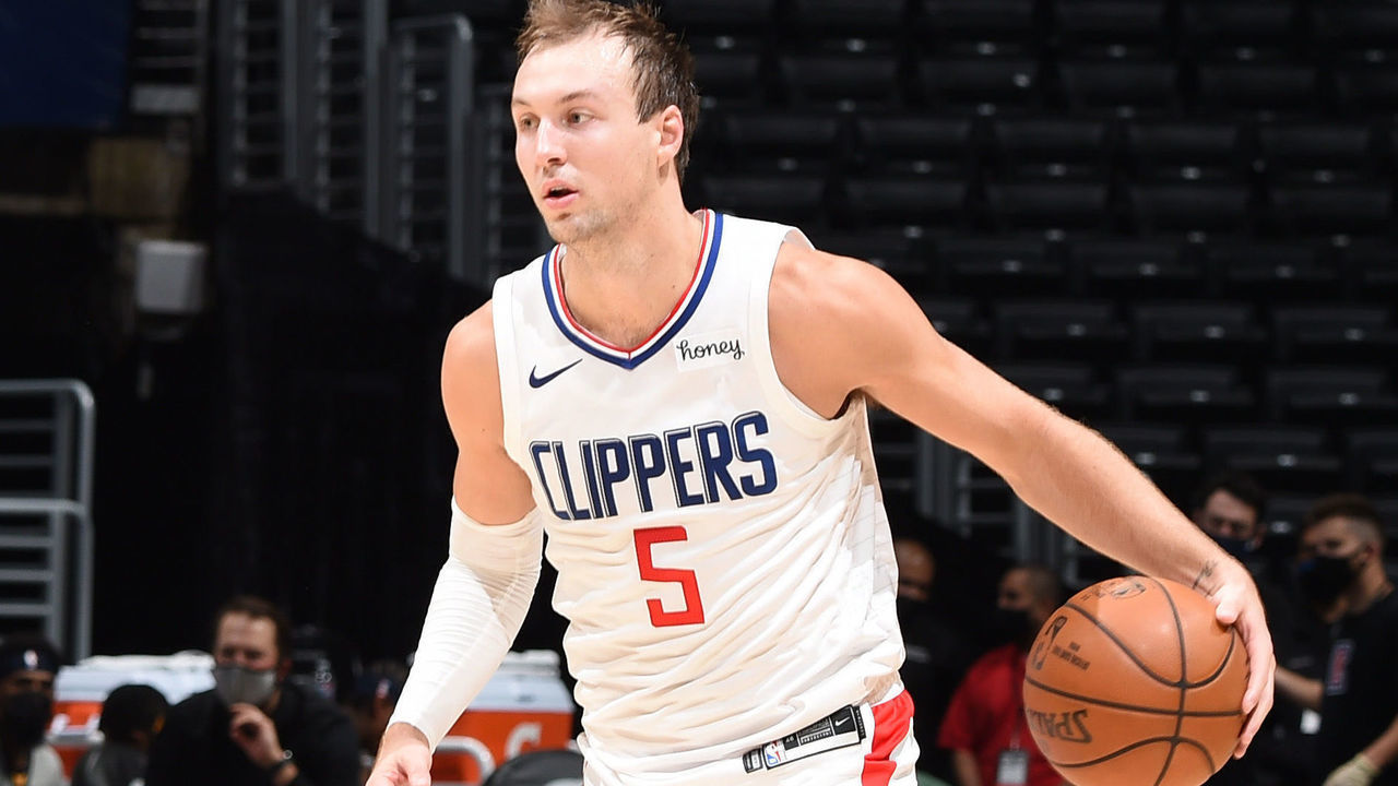 LOS ANGELES, CA - DECEMBER 17: Luke Kennard #5 of the LA Clippers handles the ball against the Utah Jazz during a preseason game on December 17, 2020 at STAPLES Center in Los Angeles, California. NOTE TO USER: User expressly acknowledges and agrees that, by downloading and/or using this Photograph, user is consenting to the terms and conditions of the Getty Images License Agreement. Mandatory Copyright Notice: Copyright 2020 NBAE