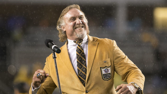 02 OCT 2016: Former Pittsburgh Steelers Linebacker Kevin Greene fist pumps after putting on his hall of fame ring during the NFL Football game between the Kansas City Chiefs and Pittsburgh Steelers at Heinz Field in Pittsburgh, Pa.