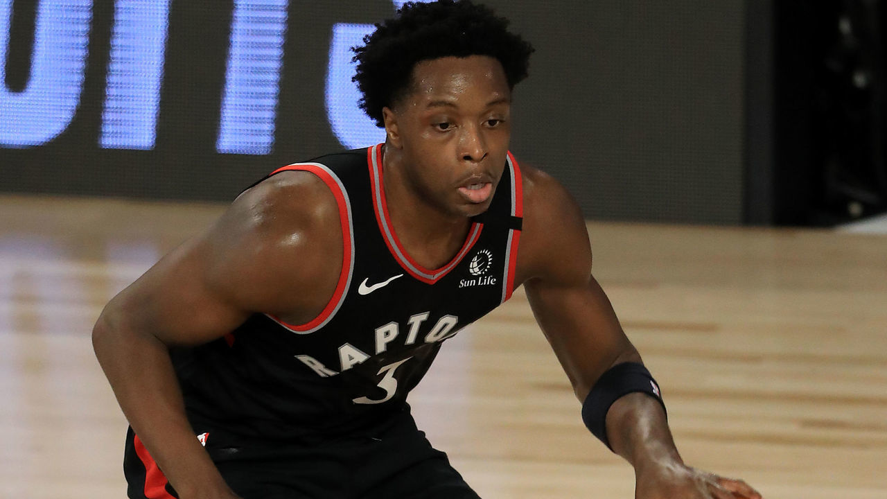 LAKE BUENA VISTA, FLORIDA - SEPTEMBER 09: OG Anunoby #3 of the Toronto Raptors dribbles the ball during the second quarter against the Boston Celtics in Game Six of the Eastern Conference Second Round during the 2020 NBA Playoffs at The Field House at the ESPN Wide World Of Sports Complex on September 09, 2020 in Lake Buena Vista, Florida.