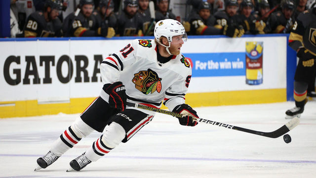 EDMONTON, ALBERTA - AUGUST 13: Drake Caggiula #91 of the Chicago Blackhawks plays the puck near the blue line in the first period of Game Two of the Western Conference First Round of the 2020 NHL Stanley Cup Playoff between the Chicago Blackhawks and the Vegas Golden Knights at Rogers Place on August 13, 2020 in Edmonton, Alberta.