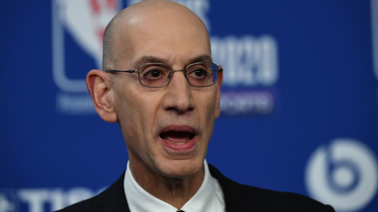 NBA commissioner Adam Silver gestures as he addresses a press conference ahead of the NBA basketball match between Milwaukee Bucks and Charlotte Hornets at The AccorHotels Arena in Paris on January 24, 2020.