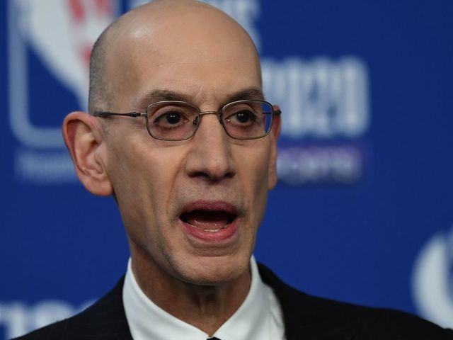 NBA commissioner Adam Silver gestures as he addresses a press conference ahead of the NBA basketball match between Milwaukee Bucks and Charlotte Hornets at The AccorHotels Arena in Paris on January 24, 2020.