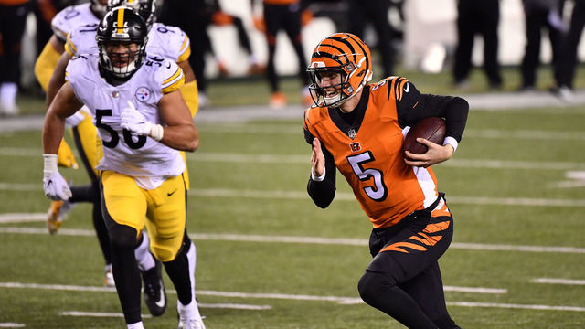 CINCINNATI, OHIO - DECEMBER 21: Ryan Finley #5 of the Cincinnati Bengals rushes the ball during the fourth quarter against the Pittsburgh Steelers at Paul Brown Stadium on December 21, 2020 in Cincinnati, Ohio.