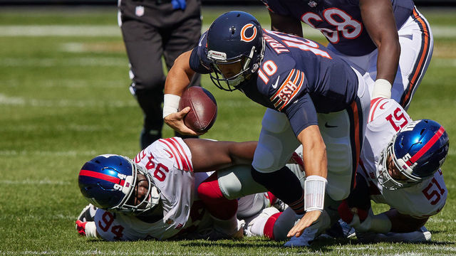 CHICAGO, IL - SEPTEMBER 20: Chicago Bears quarterback Mitchell Trubisky (10) battles with New York Giants linebacker Kyler Fackrell (51) and New York Giants inside linebacker Blake Martinez (54) in action during a game between the Chicago Bears and the New York Giants on September 20, 2020 at Soldier Field in Chicago, IL.