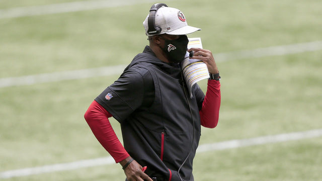 ATLANTA, GA - OCTOBER 25: Head coach Raheem Morris of the Atlanta Falcons paces the sidelines during the week 7 NFL game between the Atlanta Falcons and the Detroit Lions on October 25, 2020 at Mercedes-Benz Stadium in Atlanta, Georgia.