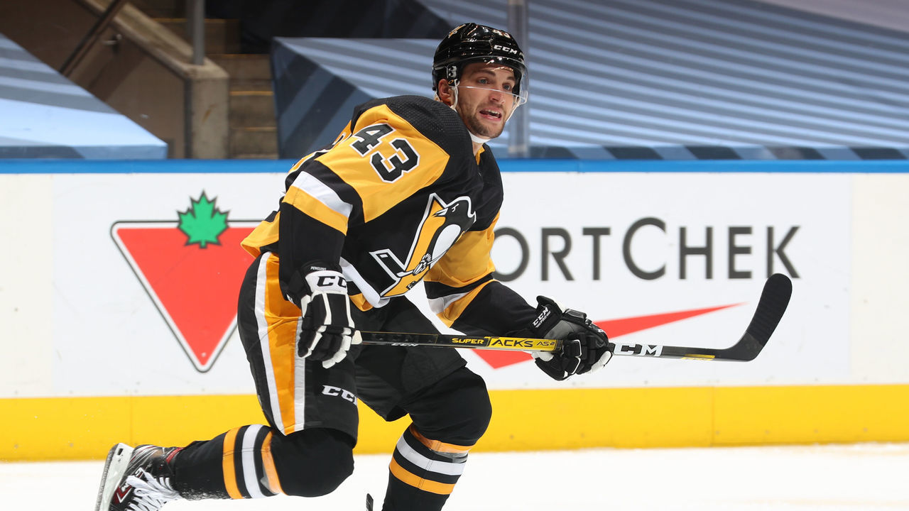TORONTO, ONTARIO - AUGUST 03: Conor Sheary #43 of the Pittsburgh Penguins watches the play while skating against the Montreal Canadiens during the second period of Game Two of the Eastern Conference Qualification Round at Scotiabank Arena on August 03, 2020 in Toronto, Ontario.